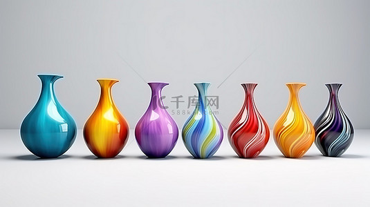白色背景下的 3D 渲染多彩抽象陶瓷花瓶