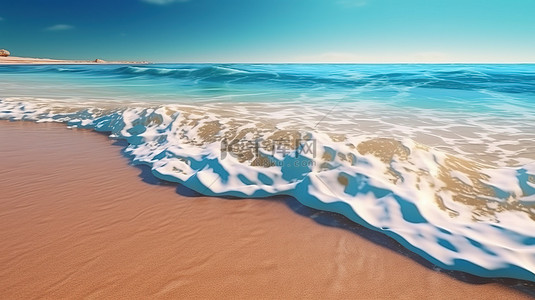 夏季绿洲沙滩和蓝色海浪近距离的令人惊叹的 3D 插图