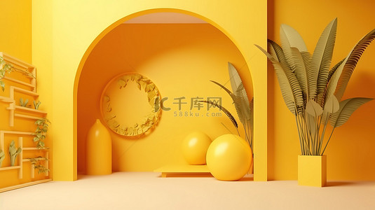 夏季ppt模板背景图片_明亮而阳光明媚的空黄色抽象背景，3D 渲染非常适合夏季广告