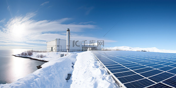 太阳能环保背景图片_阳光照在太阳能电池板上，海里有雪