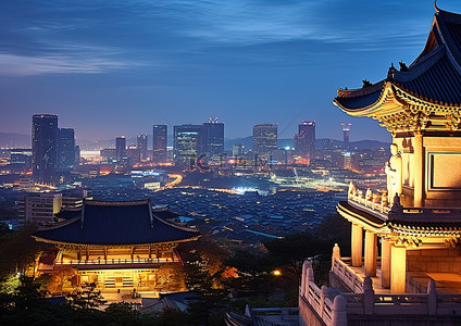 江中背景图片_韩国城市夜景中的佛教寺庙