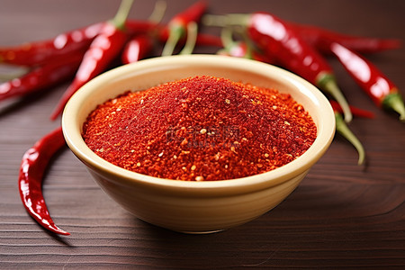 新鲜红辣椒前的白碗中的辣椒粉