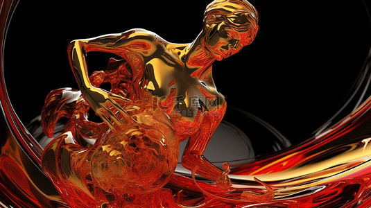 闪闪发光的金色和火热的红色玻璃在 3D 渲染中旋转