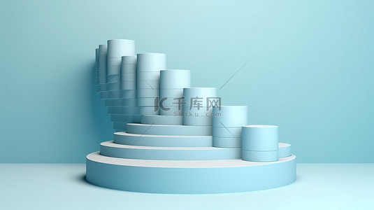 柔和的蓝色楼梯圆柱体单独站立在蓝色背景 3D 渲染上