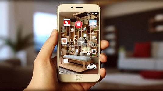 手机生活背景图片_3D 渲染客厅未来现代生活概念，可爱的手拿着智能手机上的 pinterest 图标