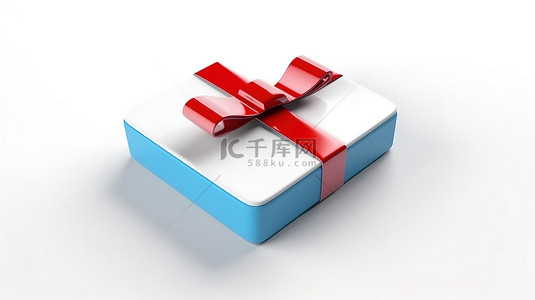 孤立的白色背景呈现 3d 方形按钮图标和带蓝色蝴蝶结的红色礼物