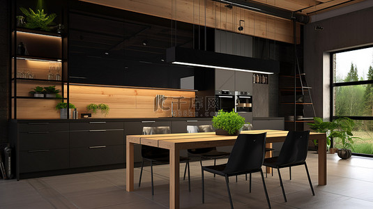 黑色椅子背景图片_现代厨房 3D 设计，采用时尚的黑色陶瓷和温暖的木制家具
