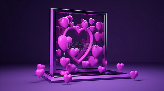 加载中图标国潮背景图片_紫色背景上的 3D 心形框架中的在线爱情加载