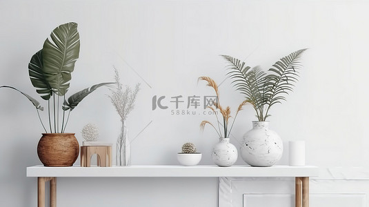 家居室内设计装饰书桌和白墙上盆栽植物的 3D 效果图