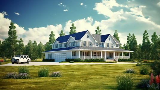美国乡村背景图片_传统美国乡村住宅的 3D 插图