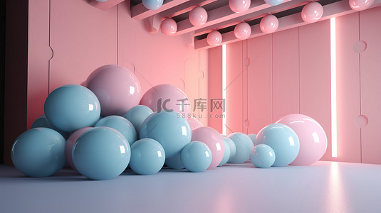 柔和柔和的房间，在 3D 渲染中有发光的球体