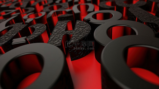 黑色和红色浮雕字在红色背景的 3D 插图中重复