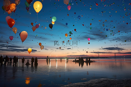 广安里背景图片_气球飞过海滩