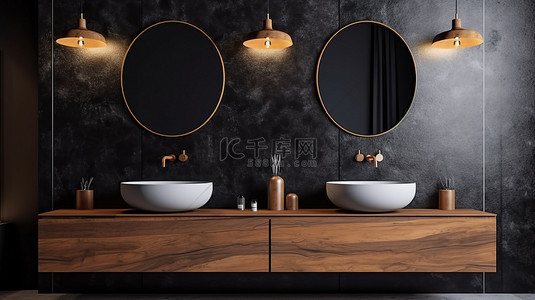 双木洗脸盆配有双镜子和黑色大理石墙上的壁灯