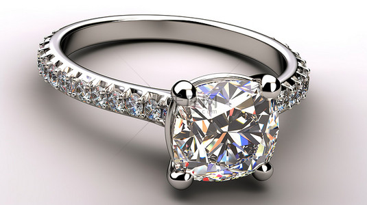 订婚戒指的 3D 渲染，配有垫形切割中心钻石密镶宝石和大教堂戒圈