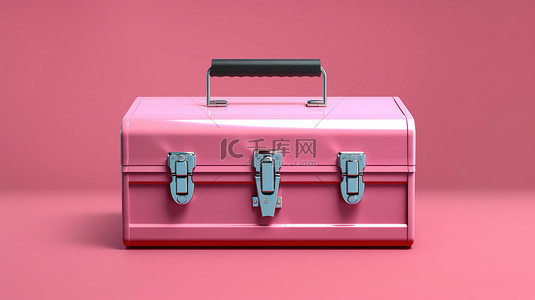 粉色传统金属工具箱在蓝色背景 3D 渲染下的双色调演绎