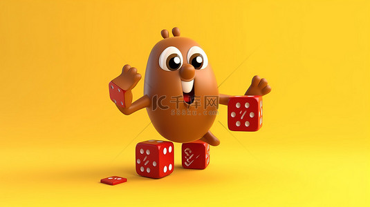 棕色游戏背景图片_飞行中棕色鸡蛋吉祥物角色的 3D 渲染，在充满活力的黄色背景下拿着红色游戏骰子立方体