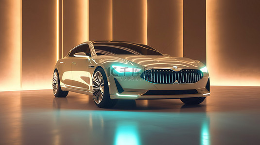 闪闪发光的豪华车时尚而精致的汽车淹没在光 3D 渲染插图中