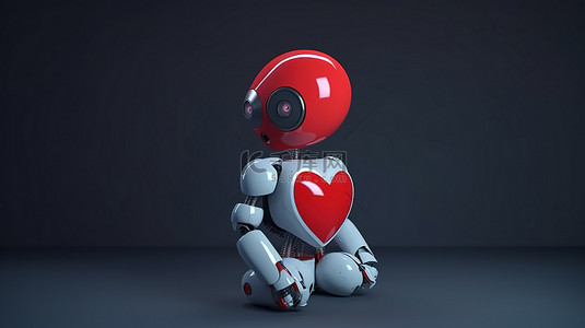 可爱的 ai 机器人与 3d 渲染中的红色机器人心脏