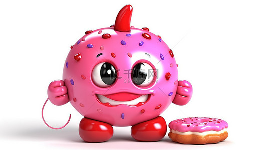电池包背景图片_白色背景上带有可充电电池的大型草莓粉色釉面甜甜圈吉祥物的 3D 渲染