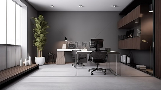 具有白色和灰色墙壁内部场景和模型的现代风格办公室的 3d 渲染