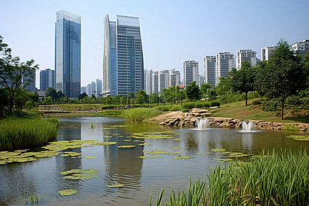 城市草地背景图片_池塘和草地与摩天大楼接壤