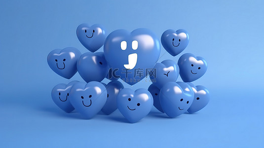 蓝色背景上 facebook 反应表情符号气球符号的 3d 渲染