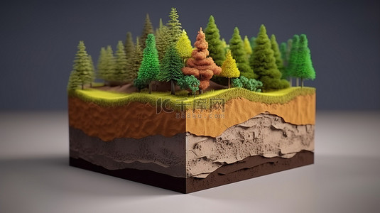 令人惊叹的 3D 森林景观的横截面，具有立方体树木和土壤地质学特征