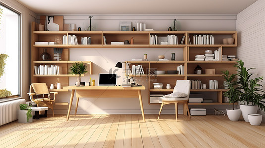 带有木地板和书架的北欧风格工作空间的 3D 渲染