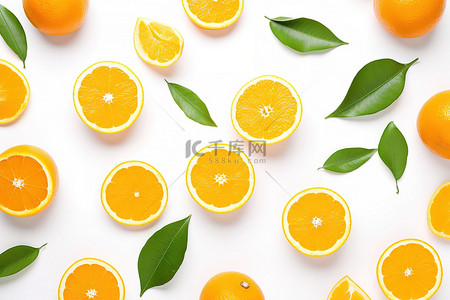 白色背景中包含切片生橙子和叶子的水果沙拉