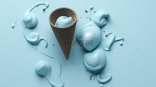 通过 3D 渲染创建的蓝色心形冰淇淋的顶视图