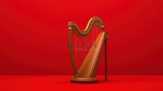 充满活力的红色背景上具有经典设计的竖琴的 3D 插图
