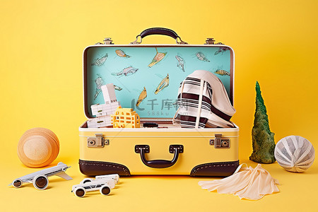 日记旅行背景图片_一个手提箱，里面装着一个手提箱，里面有几件物品