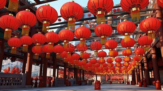 3D 渲染灯笼照亮中国新年节日