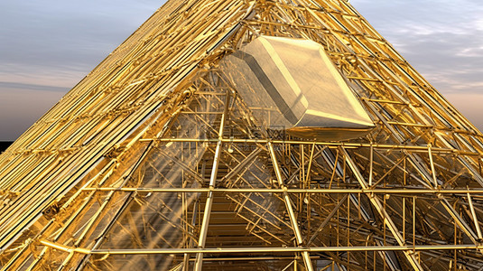 具有金色色调和线框的三角形屋顶的 3D 渲染