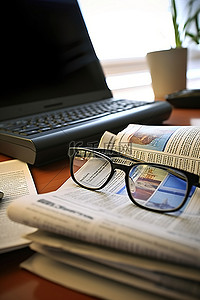 一台打开的电脑，桌子上有眼镜和报纸