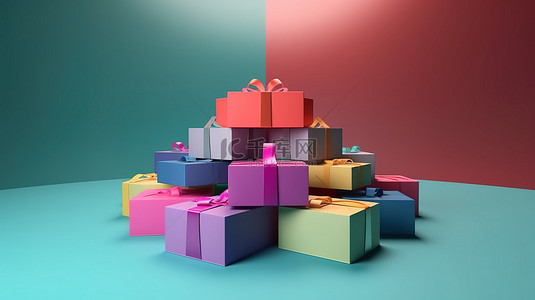 带蝴蝶结的五彩盒子悬浮作为礼物，非常适合您的文本 3D 渲染