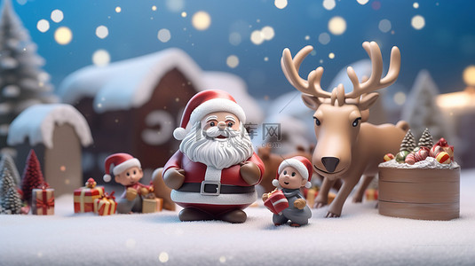 圣诞老人和驯鹿的 3D 渲染被圣诞装饰品包围