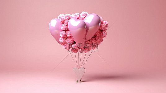令人惊叹的 3D 渲染中的心形气球和粉红玫瑰