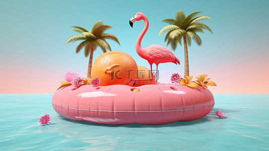 夏泳池背景图片_逃离夏日天堂 3D 插图，配有火烈鸟漂浮物和棕榈树，具有充足的复制空间