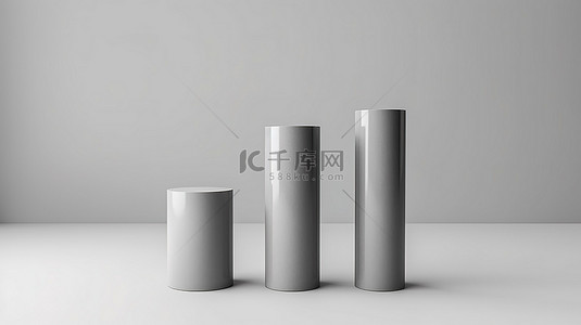 简约现代环境中的三个灰色圆柱形讲台 3D 渲染图像