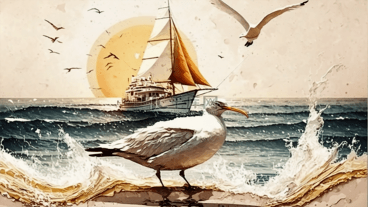 旅游太阳海边海鸥背景