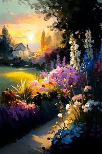春天女孩背景图片_花园草地花朵日出早上的花园背景