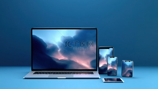 平板手机平板背景图片_蓝色主题 3D 渲染展示笔记本电脑平板电脑和带样机屏幕的智能手机