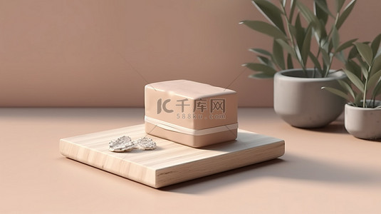 隔离 3D 渲染中米色肥皂条和包装盒的模型