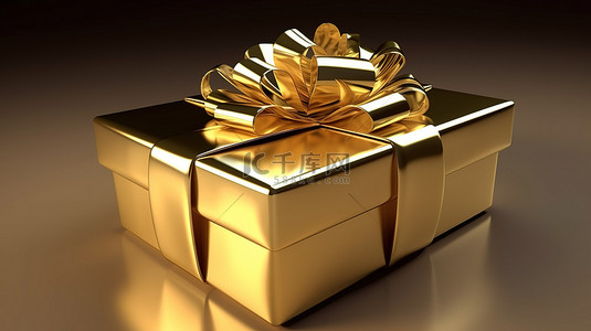包装盒装饰背景图片_用金色丝带装饰的闪亮金色礼品盒的独立 3D 渲染