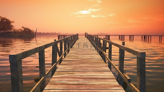 一座复古木桥的 3D 渲染，俯瞰风景如画的日落河