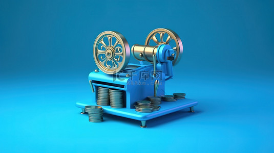纸币机背景图片_蓝色背景下的 3D 渲染魔法压钱机
