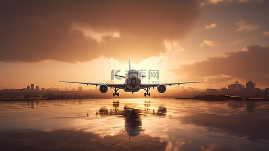 商用飞机令人惊叹的日落起飞的 3D 插图