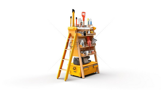 工具箱和梯子的 3D 插图，并附有白色隔离背景上的工具